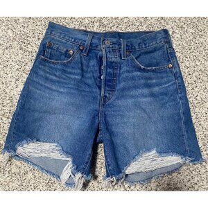 Levi’s 501 Shorts Womens 27 Blue Denim Distressed Raw Fray Hem Button Fly